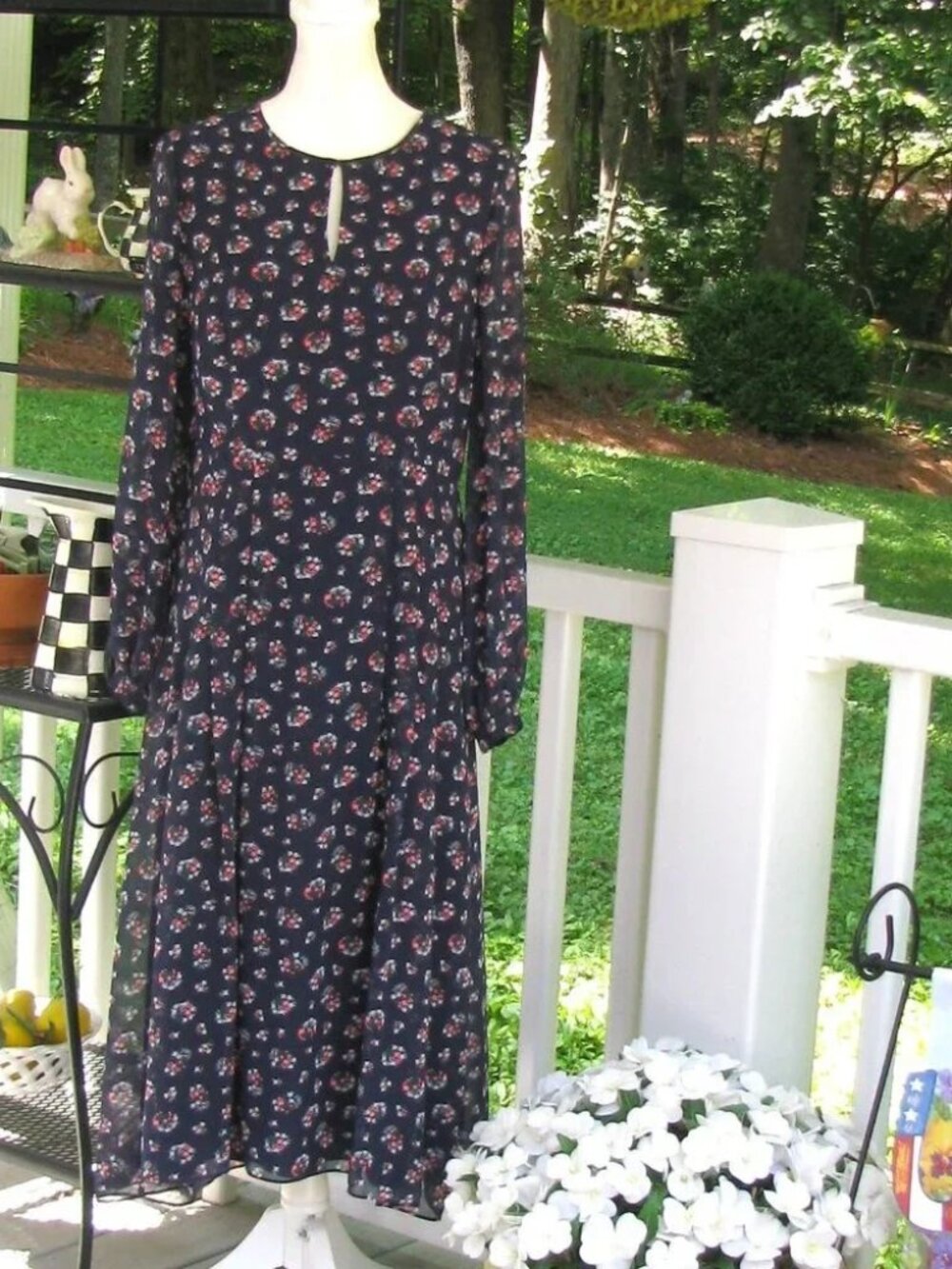 Boden navy blue long sleeve floral dress 8R romantic luxury style polyester